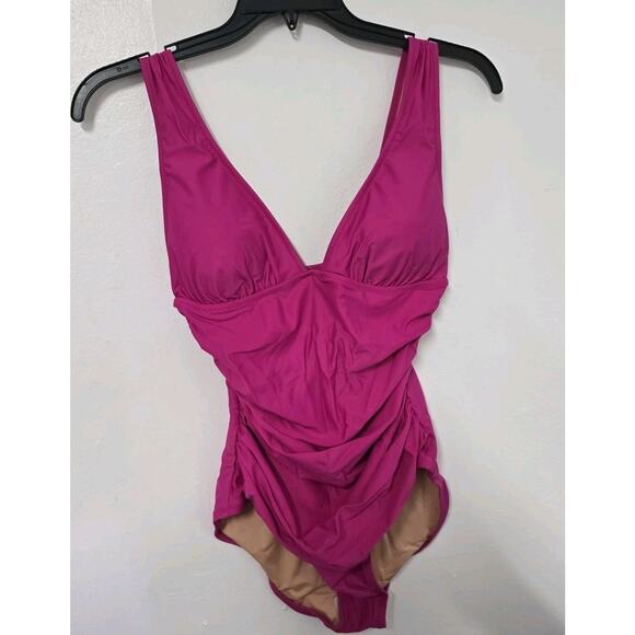 J.Crew Ruched V Neck One Piece Swimsuit Womens Size‎ 10 Fuchsia BC116 - Picture 1 of 10